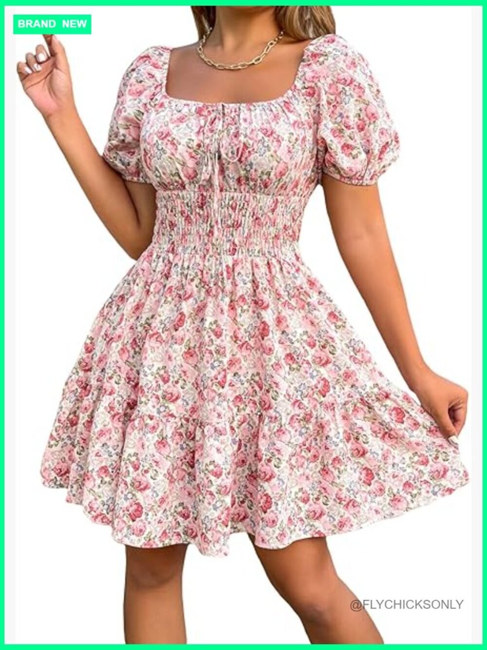 Polyester A-Line Dress with Puff Sleeves and Self-Tie Front